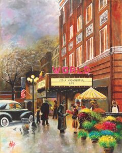Kearney Local Street Scene Entitled World Theater 24x30 Oil Annual Holiday Classic Film Feature